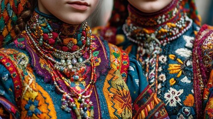 Fototapeta premium Beautiful Woman in Traditional Colorful Ethnic Costume with Ornate Headpiece