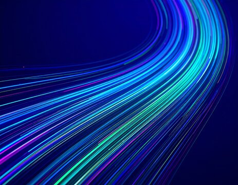 Abstract curves of vibrant, glowing lines on a dark blue background