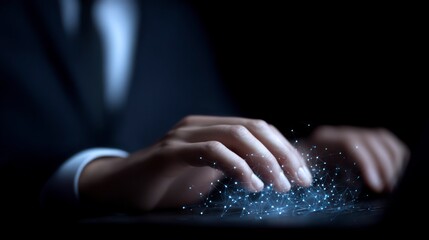 Person's hands typing on keyboard with digital network connection technology