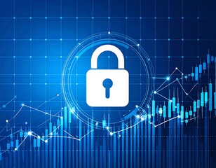 Abstract graphic of a lock icon within a digital network, overlaid with financial data