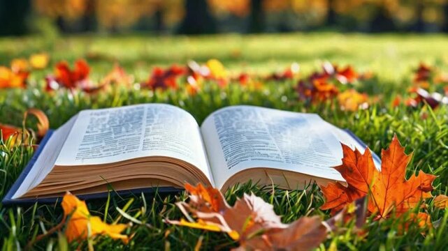An open book on grass with autumn leaves, symbolizing peaceful outdoor reading in nature..