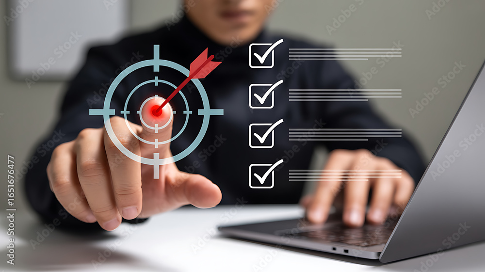 Aufkleber businessman pointing to a target with an arrow and a checklist on a futuristic digital interface