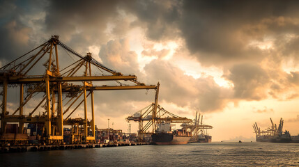 Obraz premium Golden Hour at the Cargo Port: Large Container Ships and Yellow Cranes Under a Dramatic Cloudy Sky