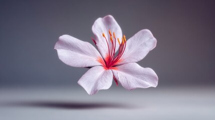 Close up of a delicate light purple flower with vibrant red stamen and yellow pollen against a neutral gray background