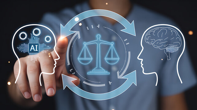 Human touching glowing digital interface showing artificial intelligence and human brain connected by scales of justice