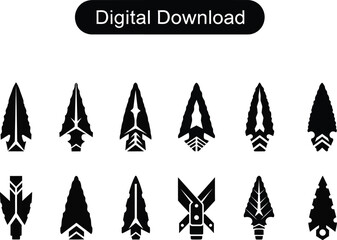 Collection of diverse futuristic arrowhead silhouettes with a digital download label and grunge texture overlay