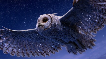 A giant owl with stars in its feathers and a moon-shaped face flying through the night sky
