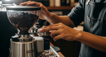 Barista adjusting coffee grinder, cinematic lighting with warm cafe background, professional coffee photography for lifestyle branding