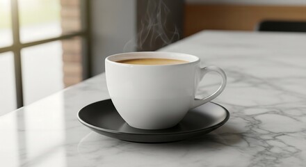 Fototapeta premium Plain white ceramic coffee cup with glossy finish on black saucer, marble countertop with warm daylight and blurred wooden textures for premium café photography