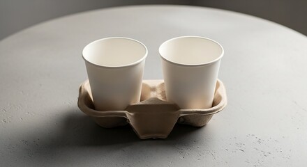 Two white takeaway coffee cups in recycled kraft carrier on concrete table, top-down angle with soft daylight and neutral grey blurred background for minimalist lifestyle stock concept
