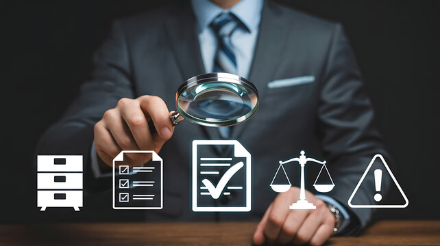 Businessman examining legal documents and compliance icons with a magnifying glass for thorough inspection and analysis