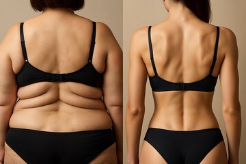Before and after body transformation showing reduced fat and sculpted figure body transformation journey