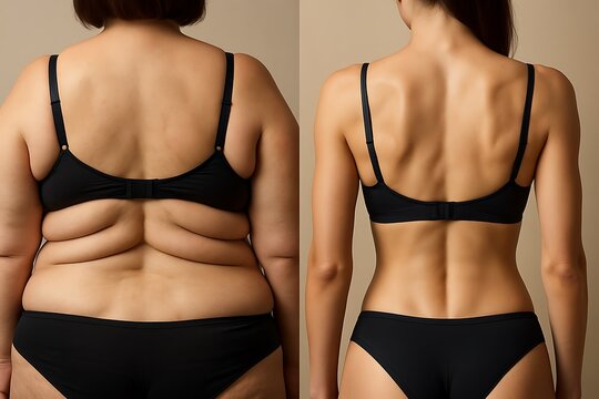 Before and after body transformation showing reduced fat and sculpted figure body transformation journey