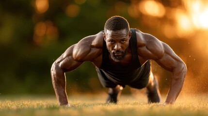 Powerful man in push-up pose, golden light