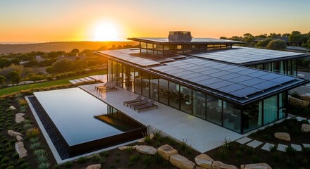 Sleek glass-and-steel modern villa with glossy solar panels, infinity pool, golden sunset reflection, drone angle, architectural photography for luxury property listings and renewable lifestyle brandi