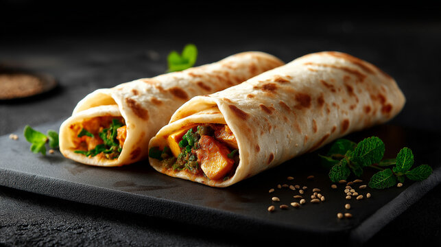 Hyperrealistic closeup of rolled toasted paratha wrap with spiced paneer and vegetable filling