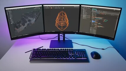Three screens displaying CAD, keyboard, mouse on white desk with green and red lighting