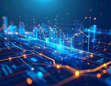 Abstract digital cityscape with graphs and data.  Modern technological city