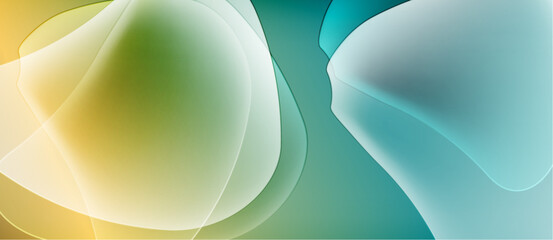 Abstract fluid shapes blend yellow, green, blue hues. Soft gradients create organic forms, suggesting movement, light interaction. Minimalist design.
