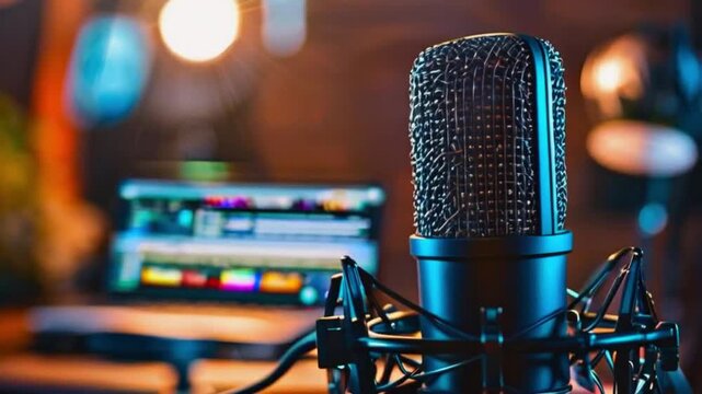 Close-up of a microphone in a studio with blurred background and copy space for text. Main objects microphone, studio setup, computer screen. 
