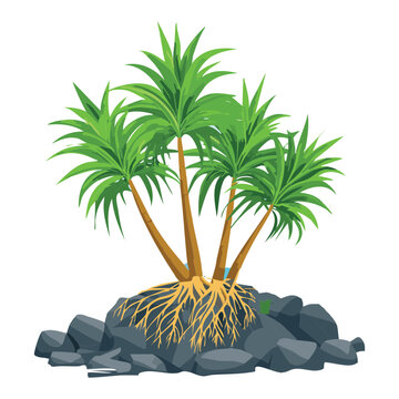 A detailed digital illustration of a pandanus tree growing on a small rocky island