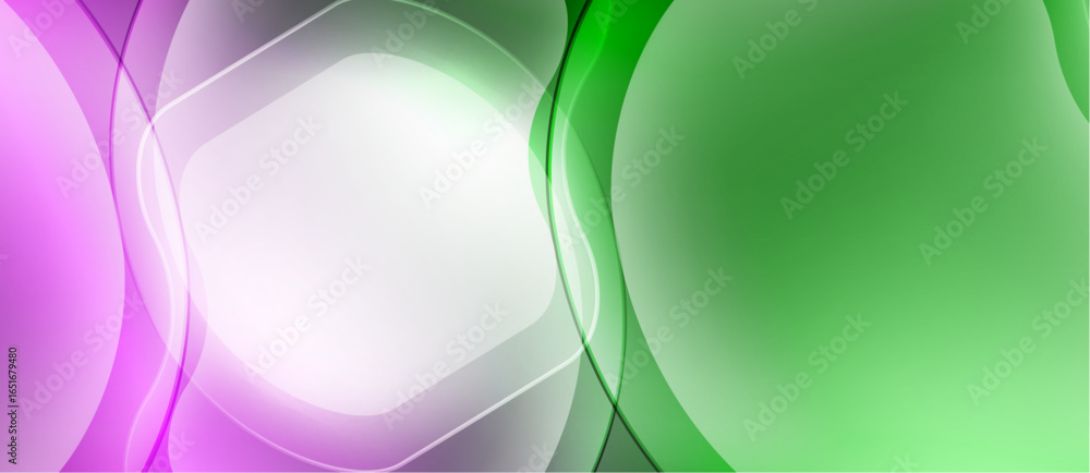 Poster Abstract background features flowing curves, purple, green hues. Soft gradients create dynamic visual effect. Modern design element.