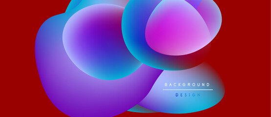 Abstract fluid shapes overlap, vibrant colors blend. Red background provides strong contrast, modern design element.