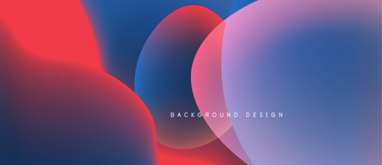 Abstract fluid shapes overlap, creating vibrant color gradients. Red, blue, purple hues blend seamlessly. Modern design element.