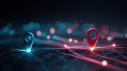 Two glowing location markers on a network of lines.