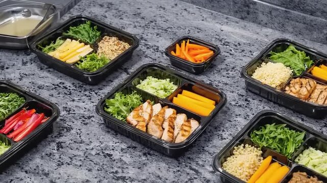 Assorted meal prep containers with grilled chicken, veggies, couscous, & salads