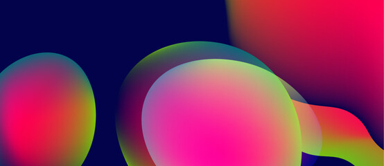 Abstract vibrant shapes overlap, creating colorful gradients. Pink, blue, yellow hues dominate dark background. Modern design element.