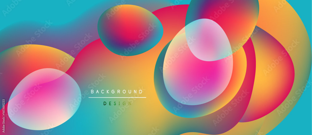 Poster vibrant abstract shapes overlap, creating fluid colorful background. gradient hues blend seamlessly,