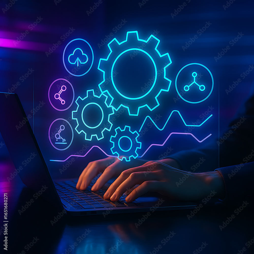 Poster modern technology integration with glowing software automation on laptop, sleek design for business 