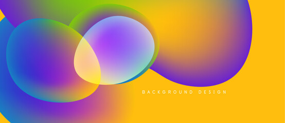 Vibrant abstract shapes overlap, creating colorful gradients. Yellow background complements blue, purple, green hues. Modern design element.