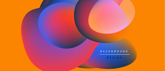 Abstract vibrant shapes overlap, creating colorful gradients. Orange background complements purple, pink, blue hues. Modern design element.