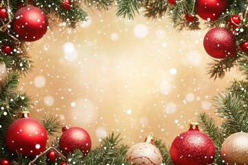 Christmas ornament frame with pine branches and bokeh snow background. Use as a festive holiday card or invitation template with copy space.