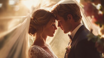Naklejka premium Eternal Bond: A tender embrace captured on a beautiful wedding day, reflecting a bond of love, joy and shared dreams. The composition focuses on the intimate moment of togetherness, under soft.