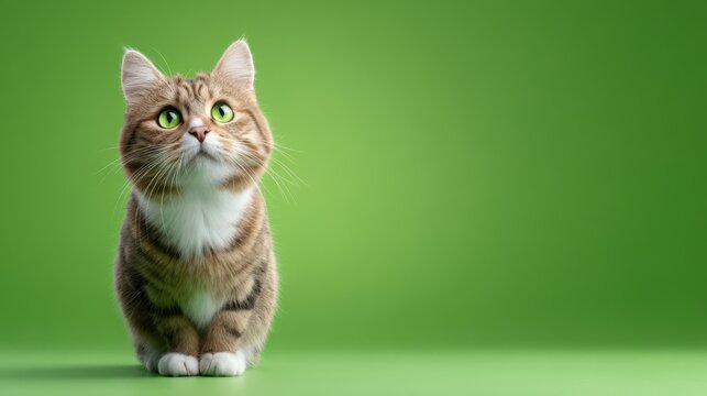 Playful Tabby Cat Sitting on Bright Green Background