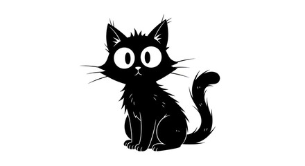 Fototapeta premium Cartoon Black Cat Sitting on a White Background, Halloween Silhouette, Cute Feline Pet with Big Eyes
