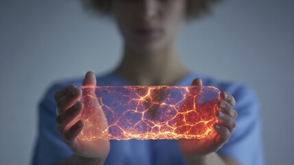 Person holding a translucent rectangular object with glowing orange digital network connections