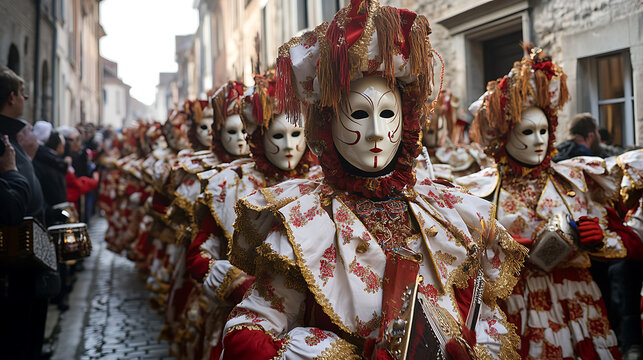 The grand parade of the Binche Carnival unfolds with a majestic sense of pageantry.