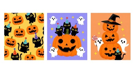 Halloween Party with Pumpkins, Cats, and Ghosts in Festive Cartoon Style