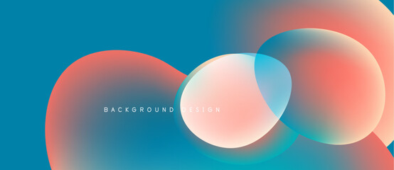Abstract fluid shapes overlap, creating vibrant color gradients. Blue, pink, orange hues blend seamlessly. Modern design element.