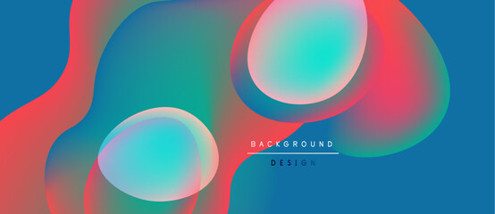 Abstract fluid shapes blend vibrant blues, reds, turquoise. Gradient colors create dynamic visual effect. Modern design element.