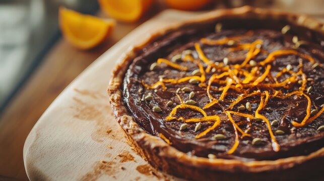 Chocolate tart with orange zest and seeds on wooden board