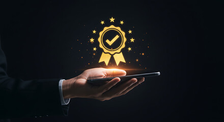 Hand holding smartphone displaying glowing golden quality assurance award with checkmark and stars