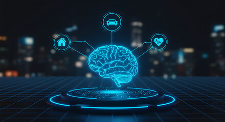 Glowing blue artificial intelligence brain hologram with interconnected nodes on a futuristic platform at night
