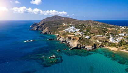 Fototapeta premium Aerial view of a coastal town on a sunny day, featuring clear turquoise water, rocky coastline, and whitewashed buildings