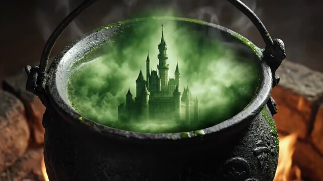 Dynamic Boiling Green Potion in Mystical Cauldron with Creature Reflection