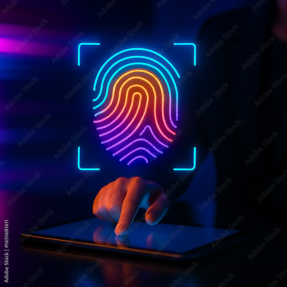 Poster futuristic fingerprint scan unlocks device with vibrant neon light for secure access and modern iden